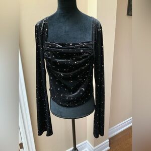 Cider Black Velvet Long-Sleeve Top with Gold Star & Moon Print